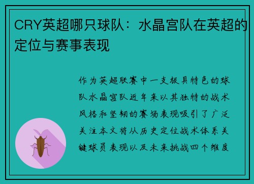 CRY英超哪只球队：水晶宫队在英超的定位与赛事表现