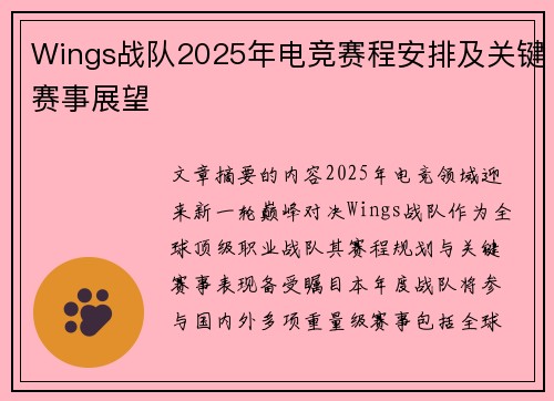 Wings战队2025年电竞赛程安排及关键赛事展望